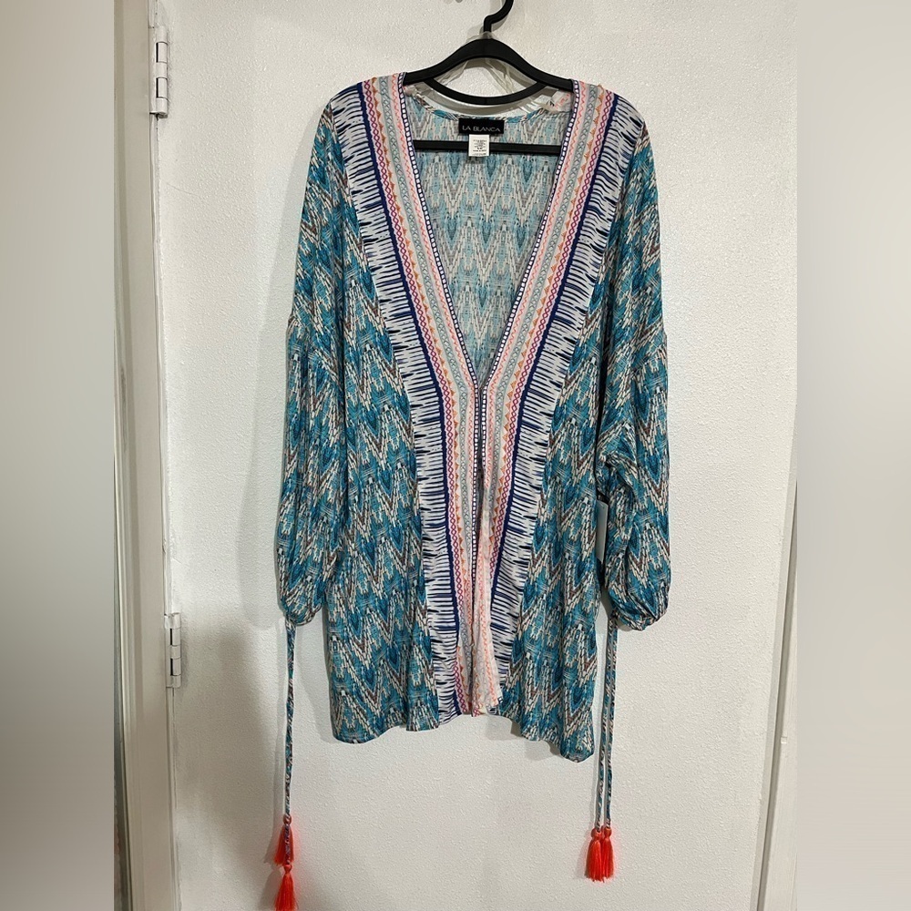 La Blanca open front beach cover up NWT aqua blue print dress